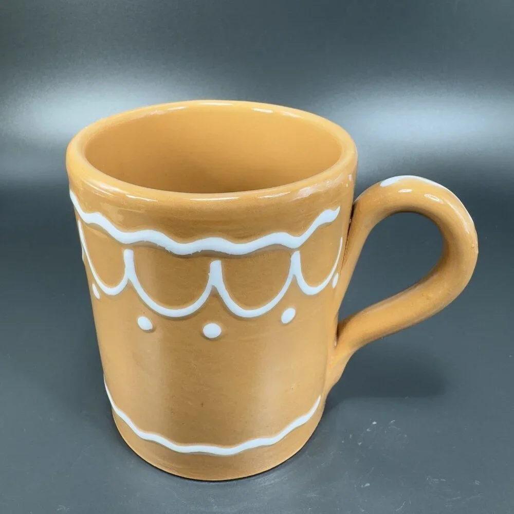 Pier 1 Coffee Mug Cup Brown Gingerbread White Swirl Mug Hand Painted Italy 2Cups